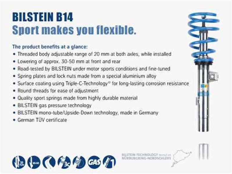 Bilstein B14 (PSS) 12-17 Fiat 500 Suspension Kit adjustable sport strut with gas pressure technology and corrosion-resistant coating