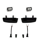 Baja Designs 2019+ Ram 2500/3500 S2 Sport Fog Pocket Kits - White with LED fog lights, black mounting pockets, and wiring harnesses