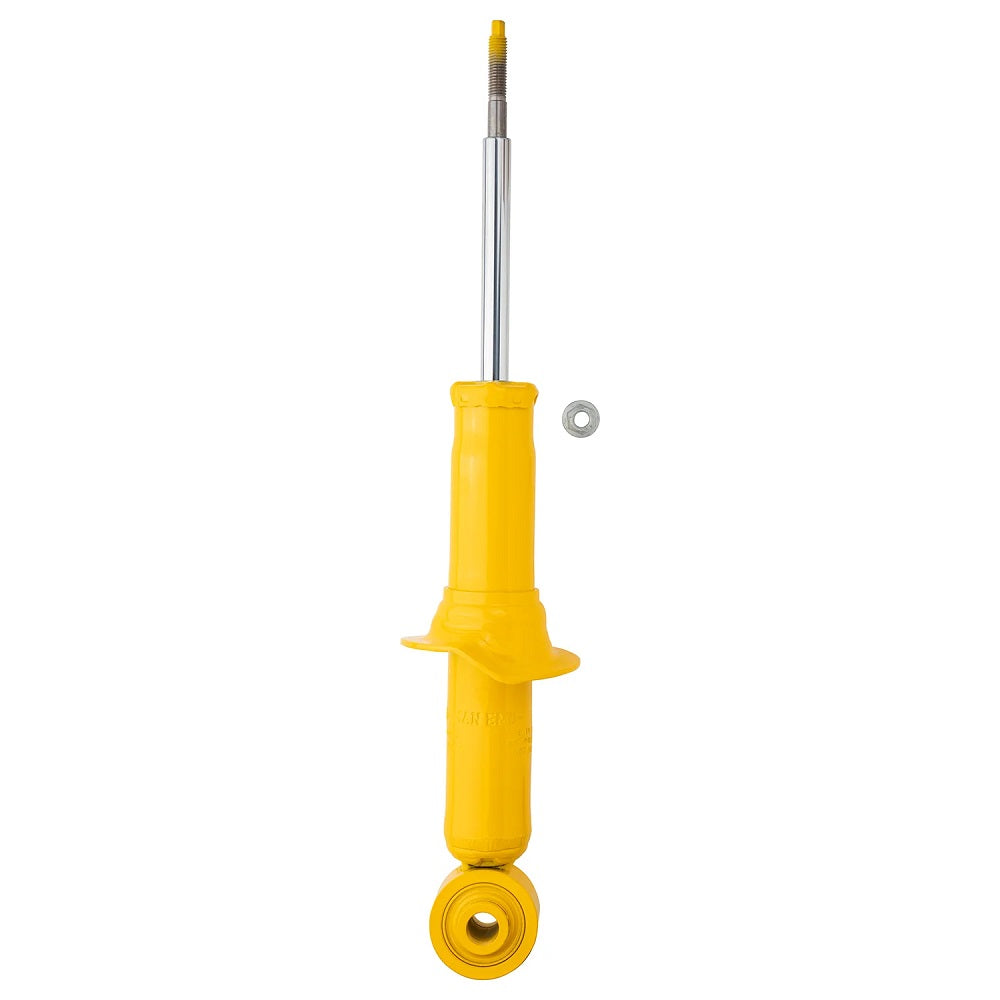 An Old Man Emu yellow tool with a handle on a white background that is used for shock absorber performance.