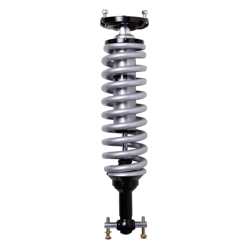 High-performance coilover suspension shock absorber with adjustable mounting hardware and heavy-duty spring coil.