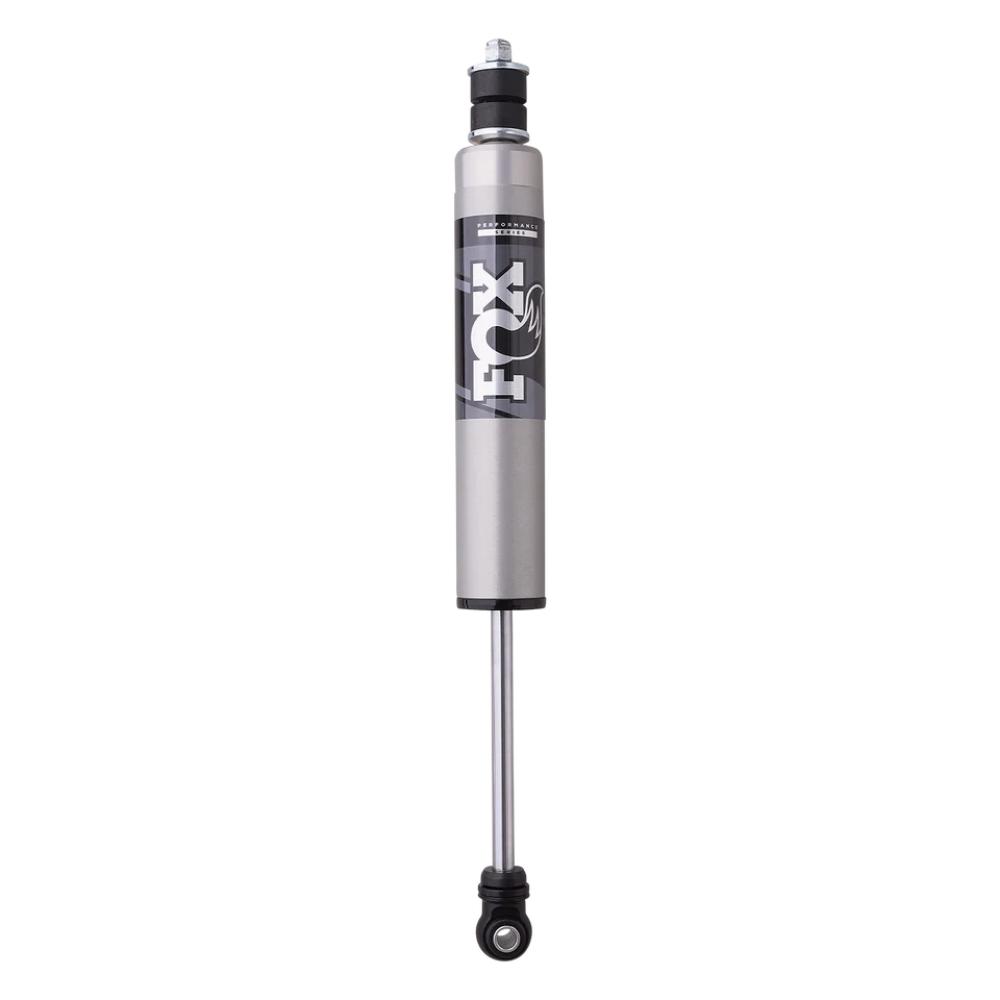 FOX suspension shock absorber with silver body and black mounting hardware