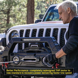 Smittybilt X20 Gen 3 10K Winch 98810 with 7hp motor, 3-stage planetary gear, and synthetic rope on off-road vehicle front bumper