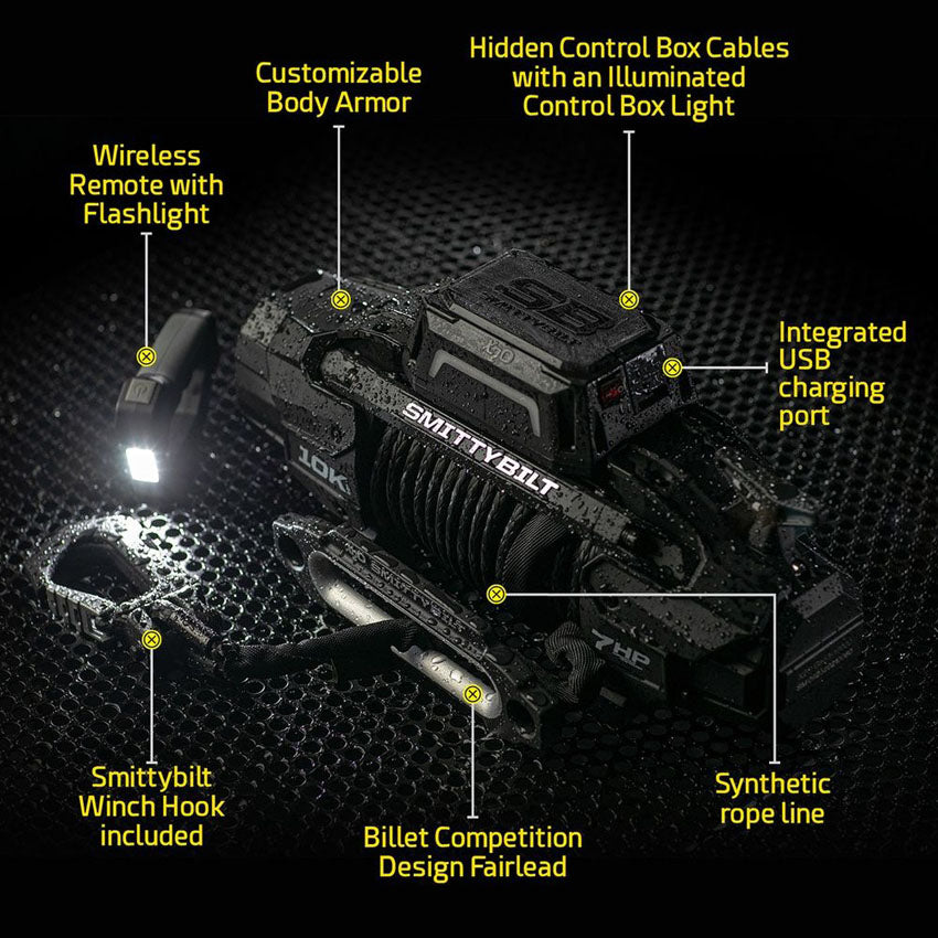 Smittybilt X20 Gen 3 12K Winch 98812 with waterproof design, 7hp motor, synthetic rope, USB charging port, wireless remote, and billet fairlead