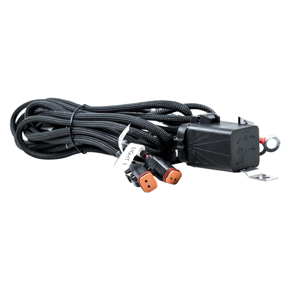 Morimoto 4Banger NCS LED Wide Beam Lights BAF005 wiring harness with weatherproof connectors and protective sleeve