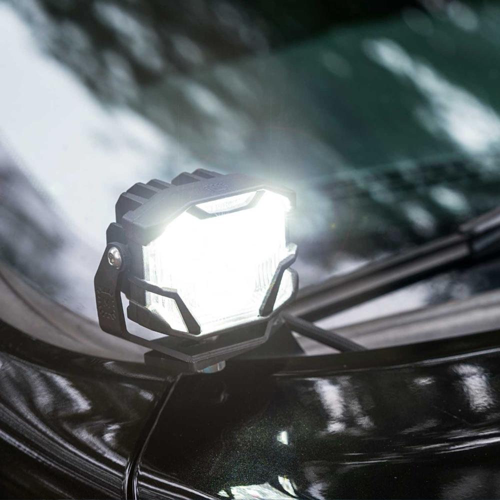 Morimoto 4Banger NCS LED Wide Beam Lights BAF005 mounted on off-road vehicle hood with durable black housing and high-intensity beam