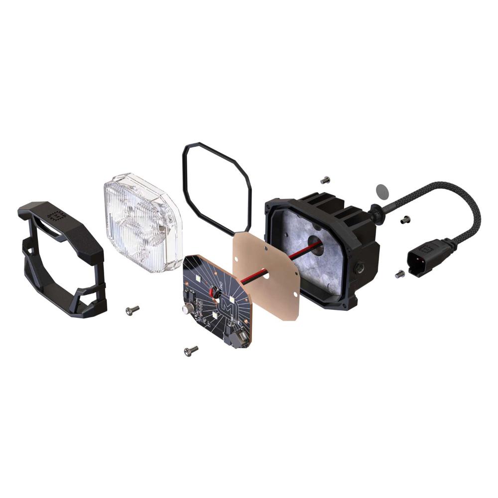 Morimoto 4Banger NCS LED Wide Beam Lights BAF006 exploded view showing internal LED module, housing, lens, and wiring harness components