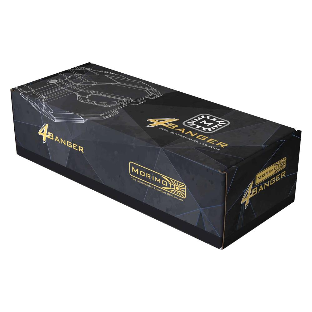 Morimoto 4Banger NCS LED Wide Beam Lights BAF006 packaging box with black and gold branding design