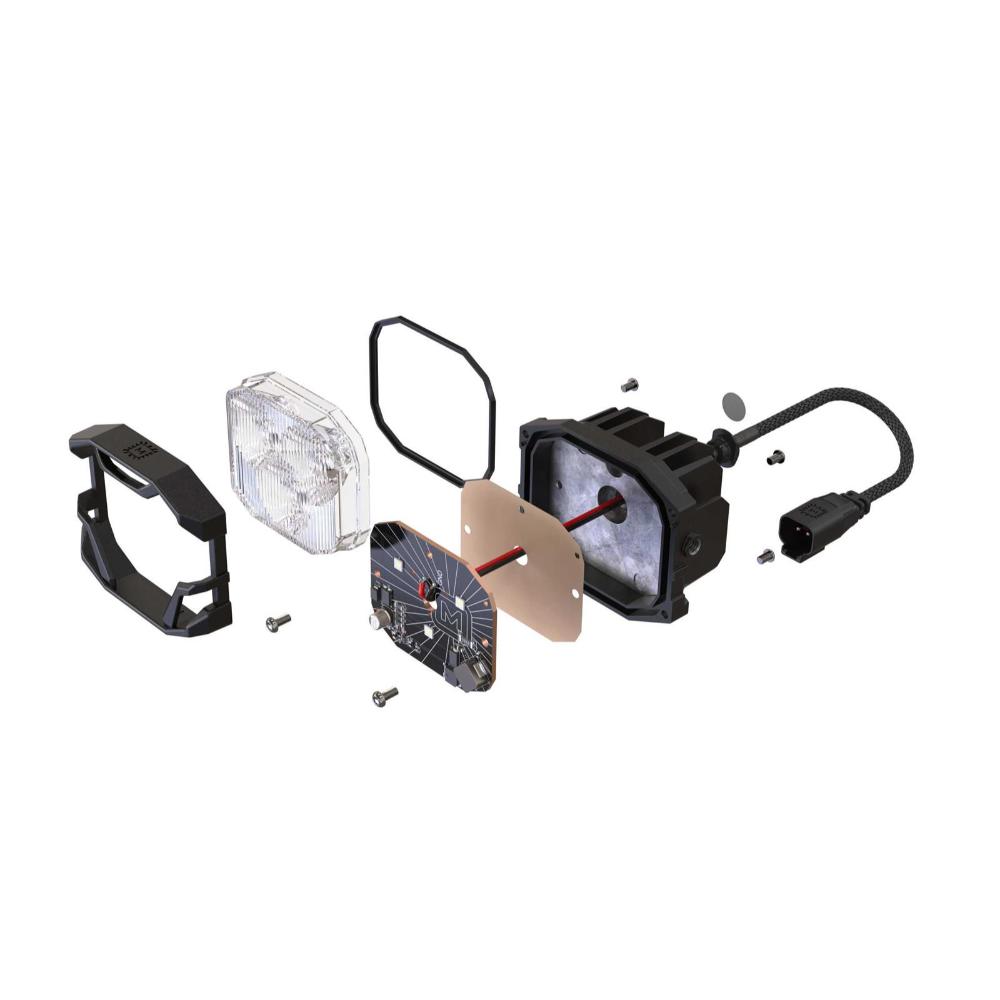 Morimoto 4Banger HXB LED Wide Beam Lights BAF011 exploded view showing housing, lens, LED module, gasket, and wiring harness components