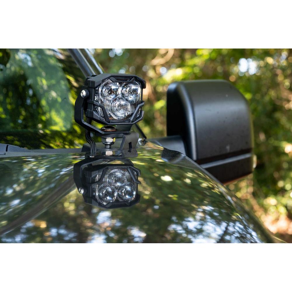 Morimoto 4Banger HXB LED Wide Beam Lights BAF011 mounted with adjustable heavy-duty bracket on off-road vehicle hood