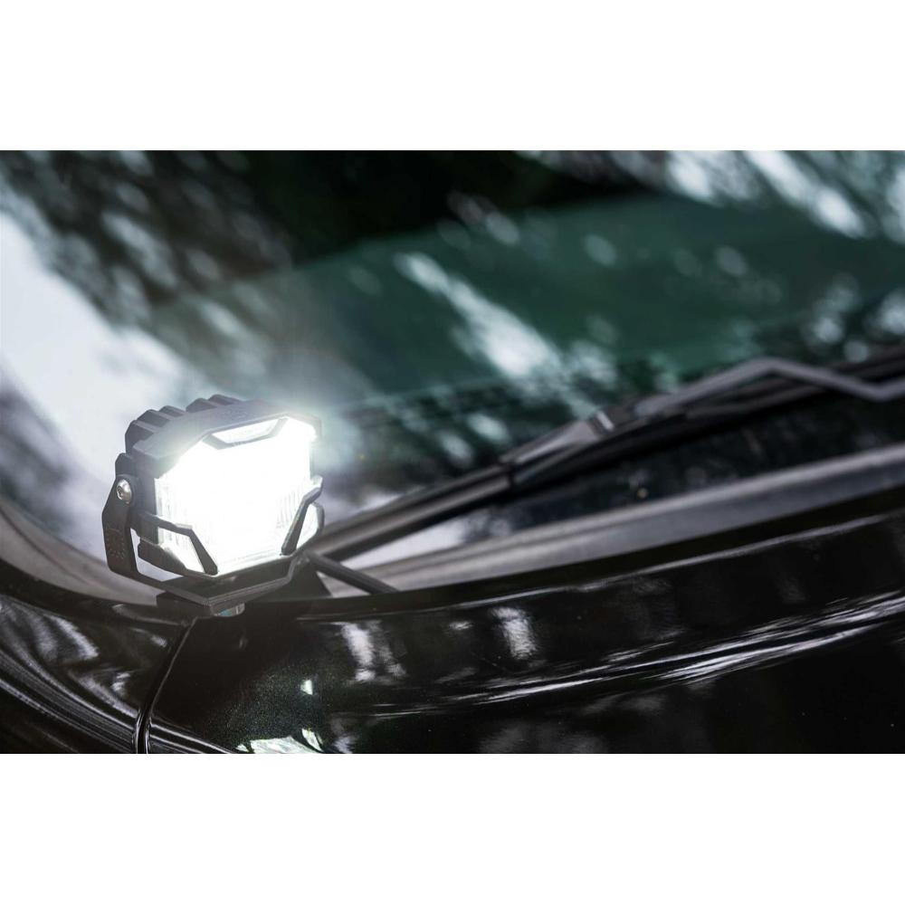 Morimoto 4Banger HXB LED Wide Beam Lights BAF011 high-intensity dual-axis adjustable light mounted on off-road vehicle hood