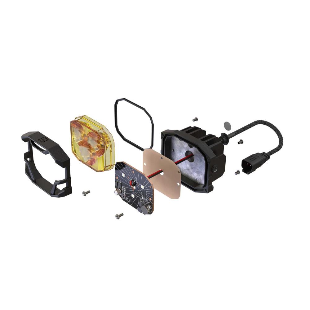Morimoto 4Banger HXB LED Wide Beam Yellow Lights BAF012 exploded view showing lens, housing, LED module, gasket, wiring harness