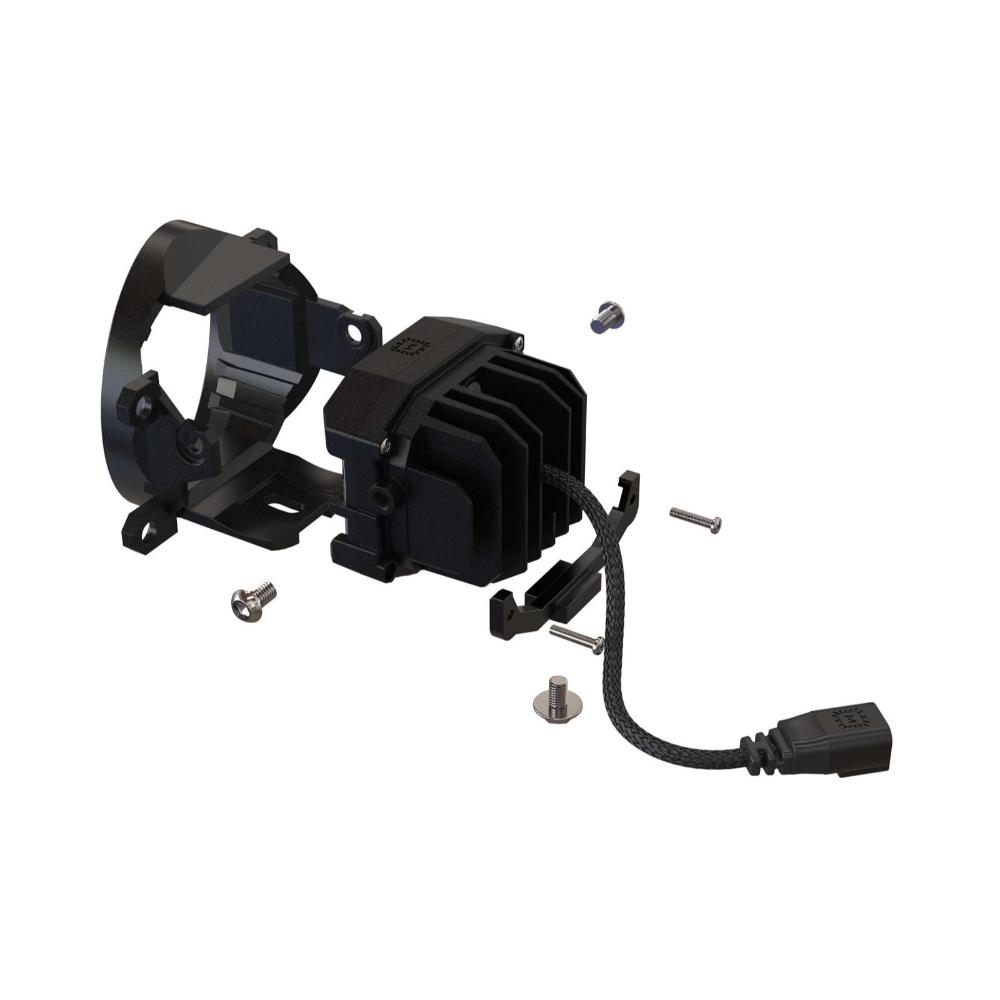 Morimoto 4Banger HXB LED Fog Lights Kit (White SAE Wide Beam) LED module with heat sink, wiring harness, and mounting bracket assembly