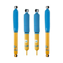 Four yellow and blue shock absorbers with protective bellows and mounting eyes
