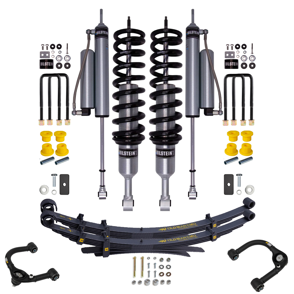 Bilstein suspension components with shocks, coil springs, leaf springs, control arms, bushings, and mounting hardware