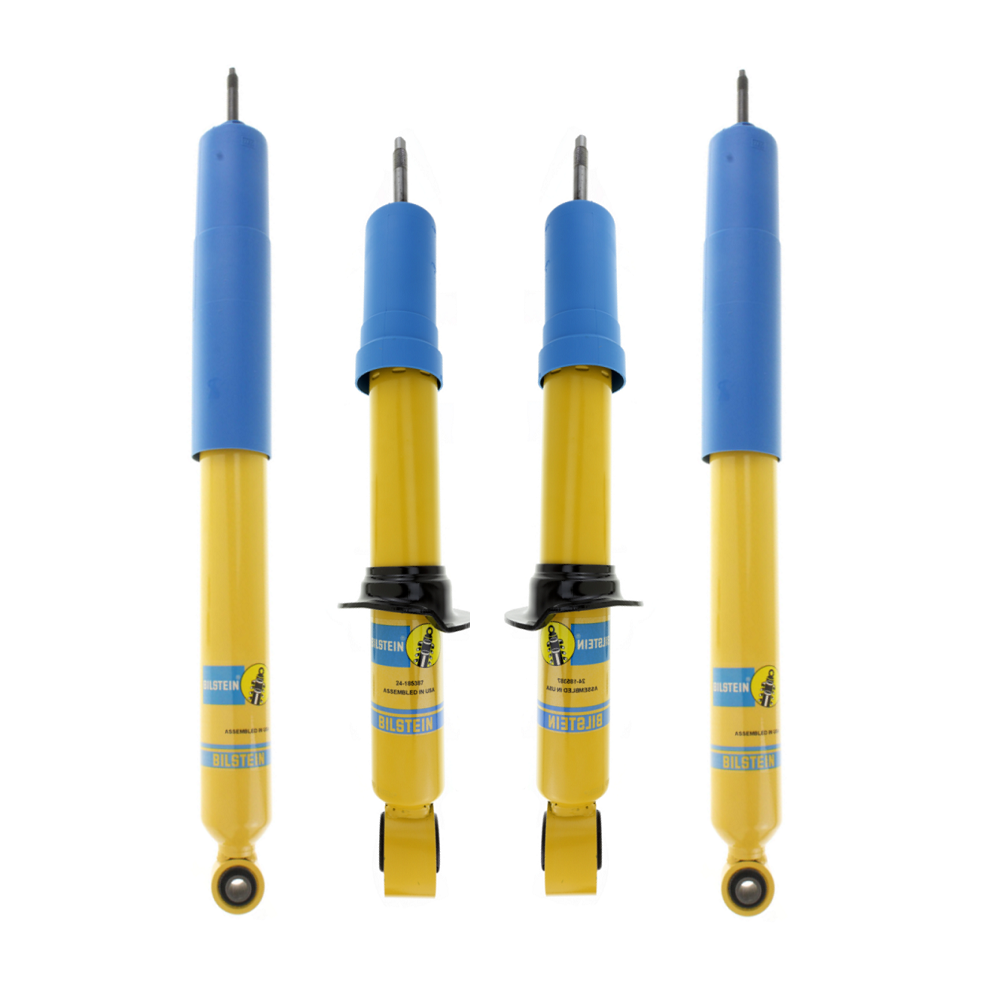 Bilstein blue and yellow shock absorbers arranged in a four piece suspension set