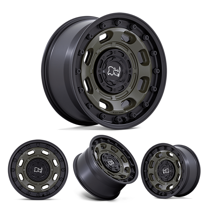 17x8.5" -10 OffSet Black Rhino Wheels for 4Runner (03-24), FJ (03-16), GX460 (10-23) with rugged matte black and dark green finish