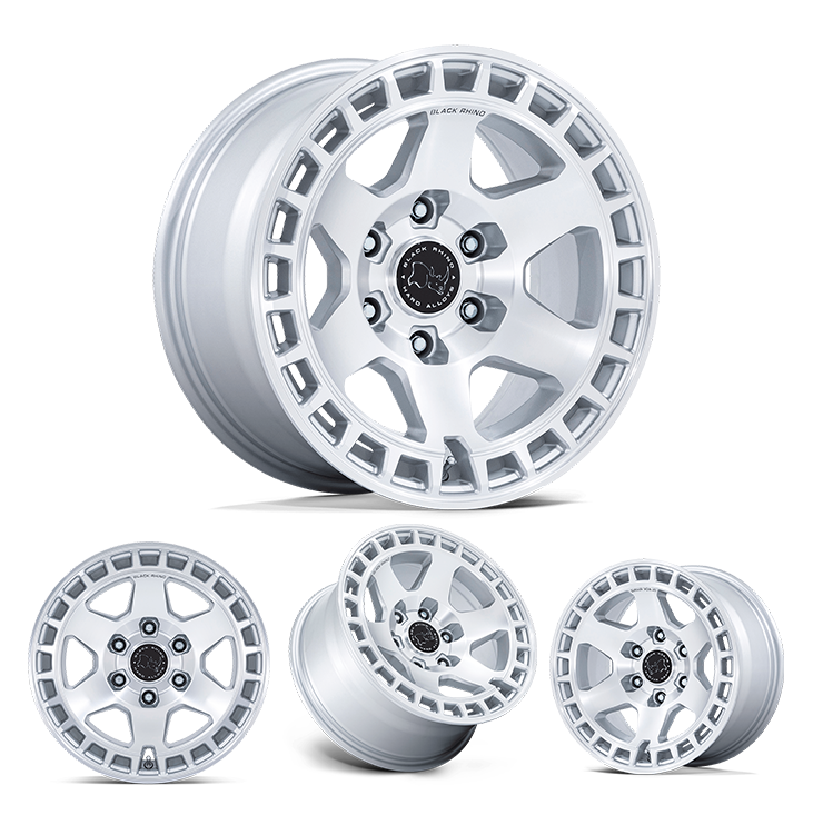 17x8.5" -10 OffSet Black Rhino Wheels for 4Runner (03-24), FJ (03-16), GX460 (10-23) with silver alloy beadlock-style design
