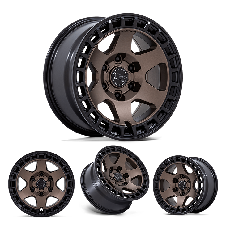 17x8.5" -10 OffSet Black Rhino Wheels & Tires Package - Bundle & Save $100 - Fitment Guarantee rugged bronze and black beadlock-style off-road wheels