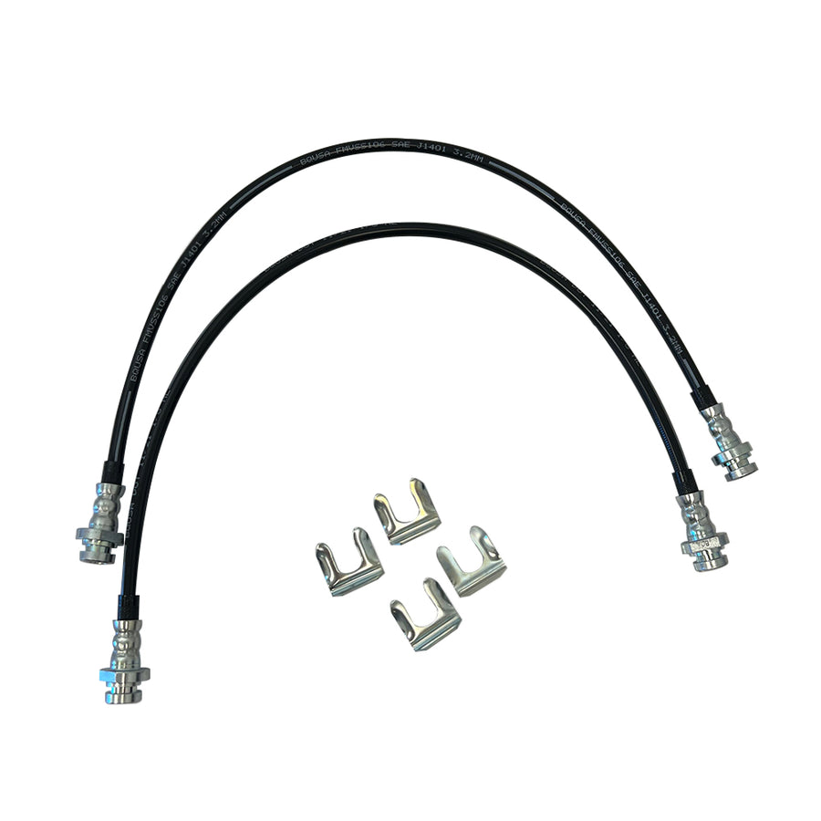 A durable pair of Mudify Extended Front Brake Lines designed for axle movement and brake lines in a car.