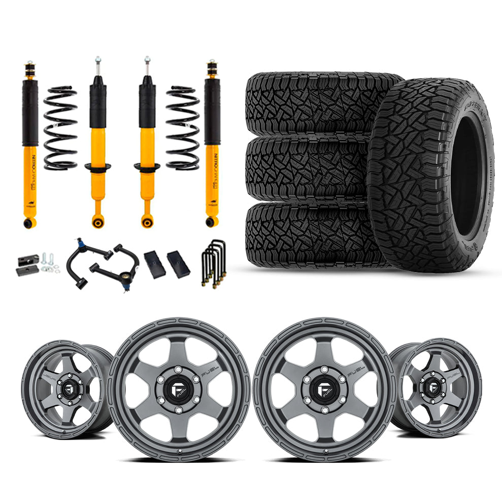 Old Man Emu OME 2.5" Lift Kit + 17" Fuel Wheels & Tires Package for Toyota Tacoma (16-23) heavy-duty suspension and wheels