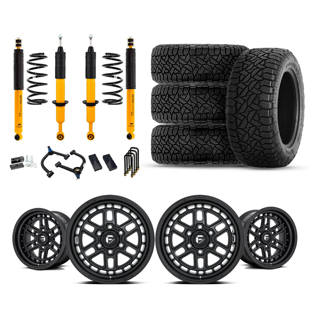 OME 2.5" Lift Kit + 17" Fuel Wheels & Tires Package for Tacoma (16-23) with Old Man Emu shocks, coil springs, hardware, and off-road tires
