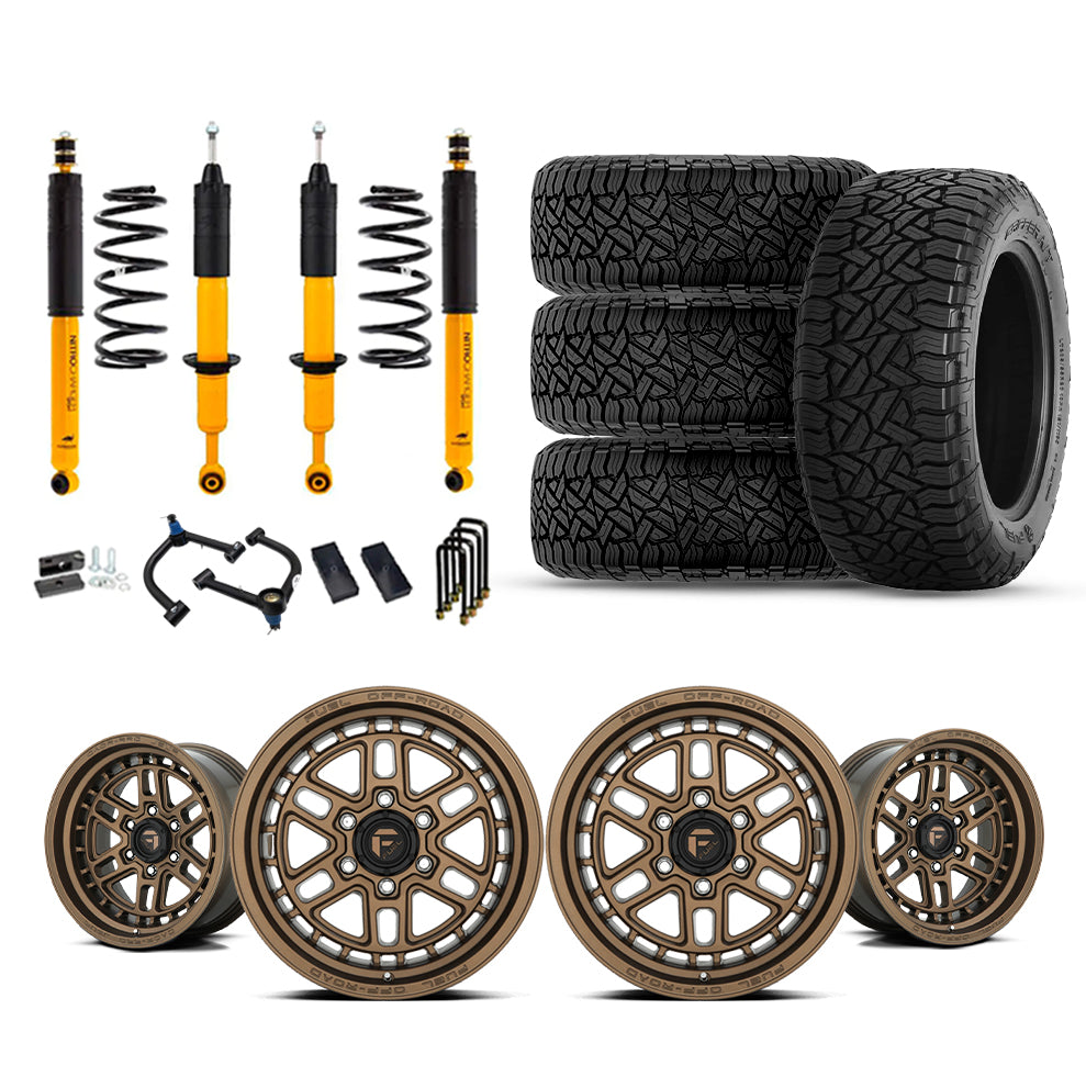 OME 2.5" Lift Kit + 17" Fuel Wheels & Tires Package for Tacoma (16-23) with heavy-duty shocks and all-terrain tires