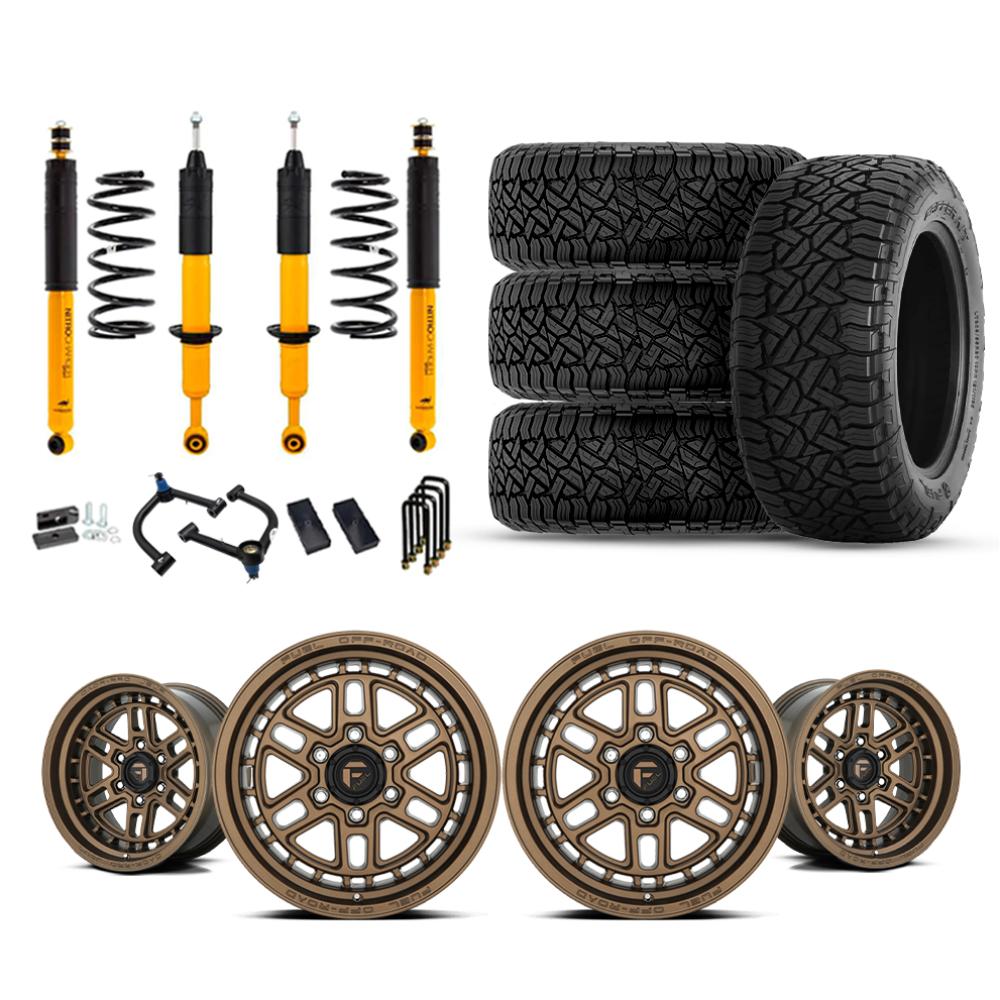 OME 2.5" Lift Kit + 17" Fuel Wheels & Tires Package for Tacoma (05-15) with Old Man Emu shocks, coils, and all-terrain tires