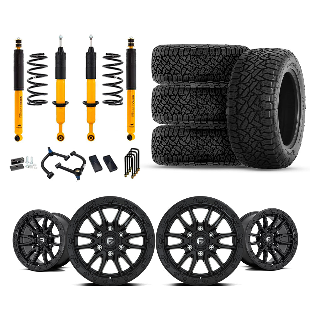 old man emu OME 2.5" Lift Kit + 17" Fuel Wheels & Tires Package for 2016-23 Toyota Tacoma with suspension and all-terrain tires