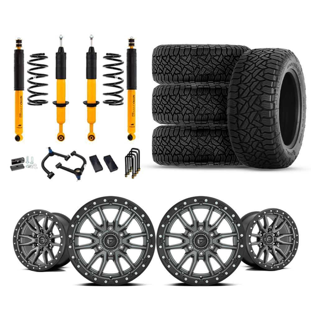 OME 2.5" Lift Kit + 17" Fuel Wheels & Tires Package for Tacoma (05-15) with old man emu shocks, coil springs, and all-terrain tires