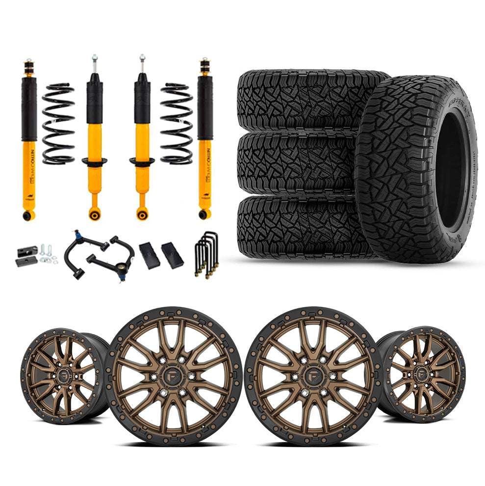 old man emu OME 2.5" Lift Kit + 17" Fuel Wheels & Tires Package for Tacoma (16-23) with suspension components and all-terrain tires