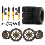 OME 2.5" Lift Kit + 17" Fuel Wheels & Tires Package for Tacoma (05-15) with heavy-duty suspension, bronze beadlock wheels, and all-terrain tires