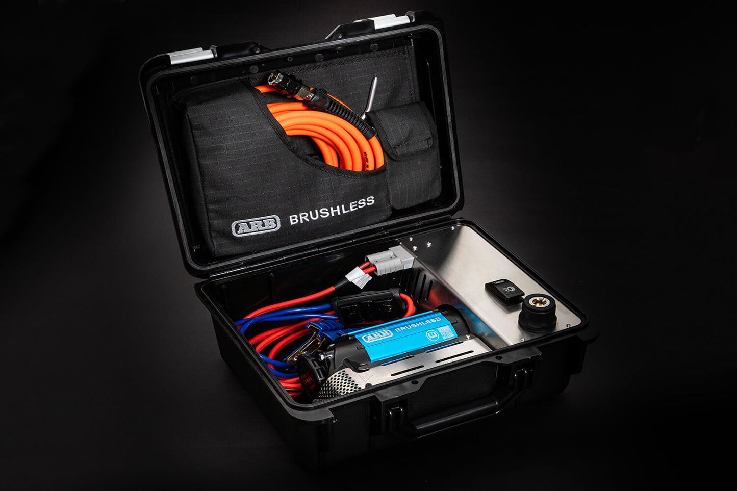 ARB Brushless Single Motor Portable 12V Air Compressor CKBLP12 with integrated wiring and high-capacity hose in protective case