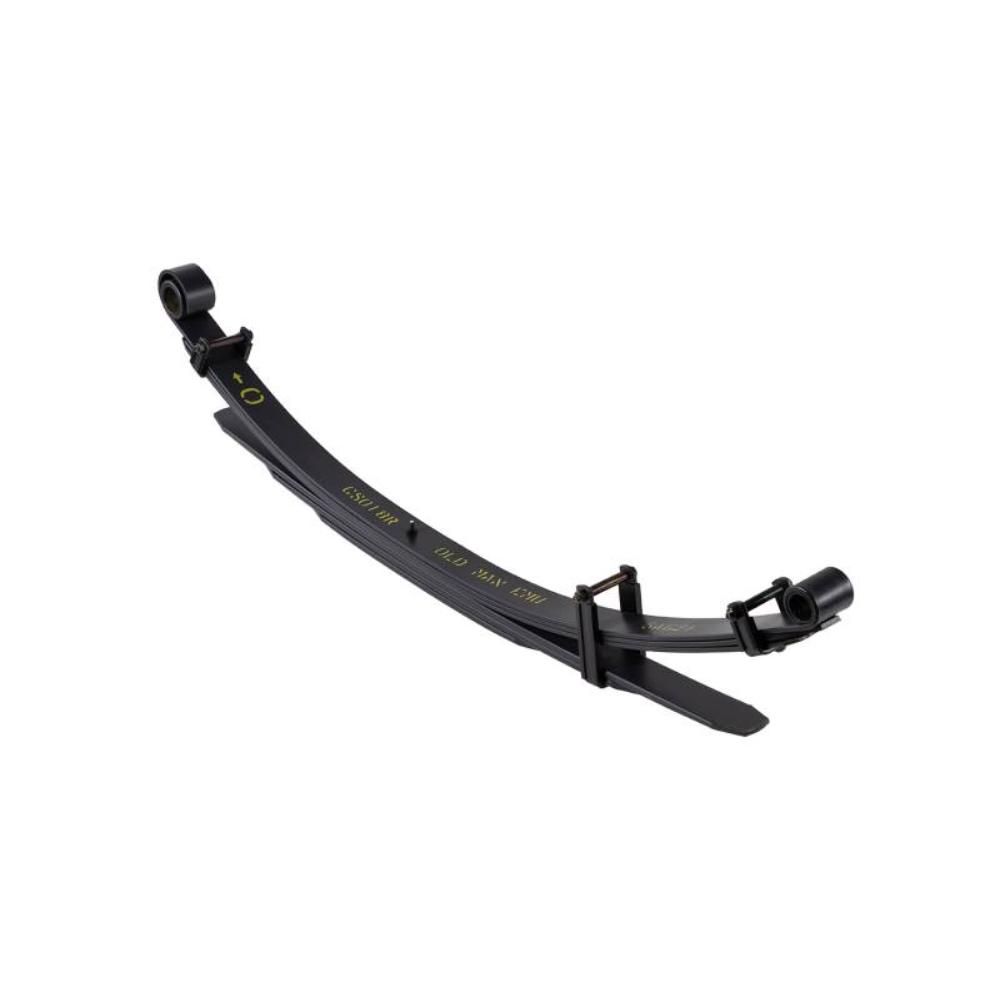 Old Man Emu OME Rear Leaf Spring CS018R for Toyota Hilux (97-04) with draw-tapered, diamond-cut load-distributing leaves and clamp