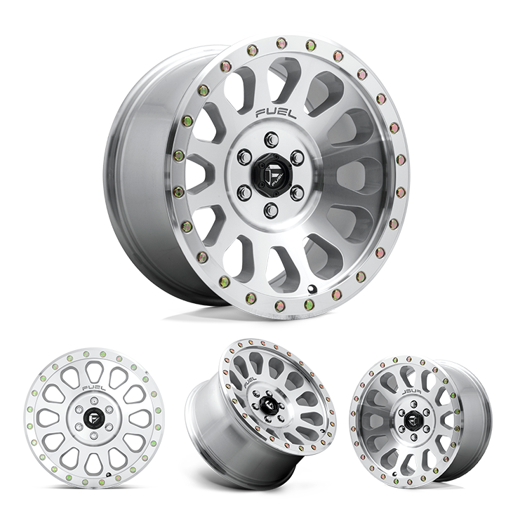 17x9" +01 MM OffSet Fuel Wheels for Tacoma 2nd & 3rd Gen - Fitment Guarantee, heavy-duty silver alloy off-road rim with beadlock-style bolts