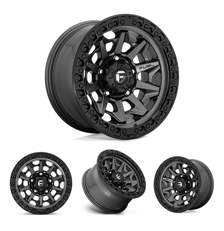 17x9" -12 MM OffSet Fuel Wheels for Tacoma 2nd & 3rd Gen - Fitment Guarantee, heavy-duty black alloy off-road wheel with beadlock-style ring
