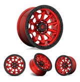 17x9" -12 MM OffSet Fuel Wheels for Tacoma 2nd & 3rd Gen - Fitment Guarantee, heavy-duty red alloy off-road rim with black beadlock-style ring