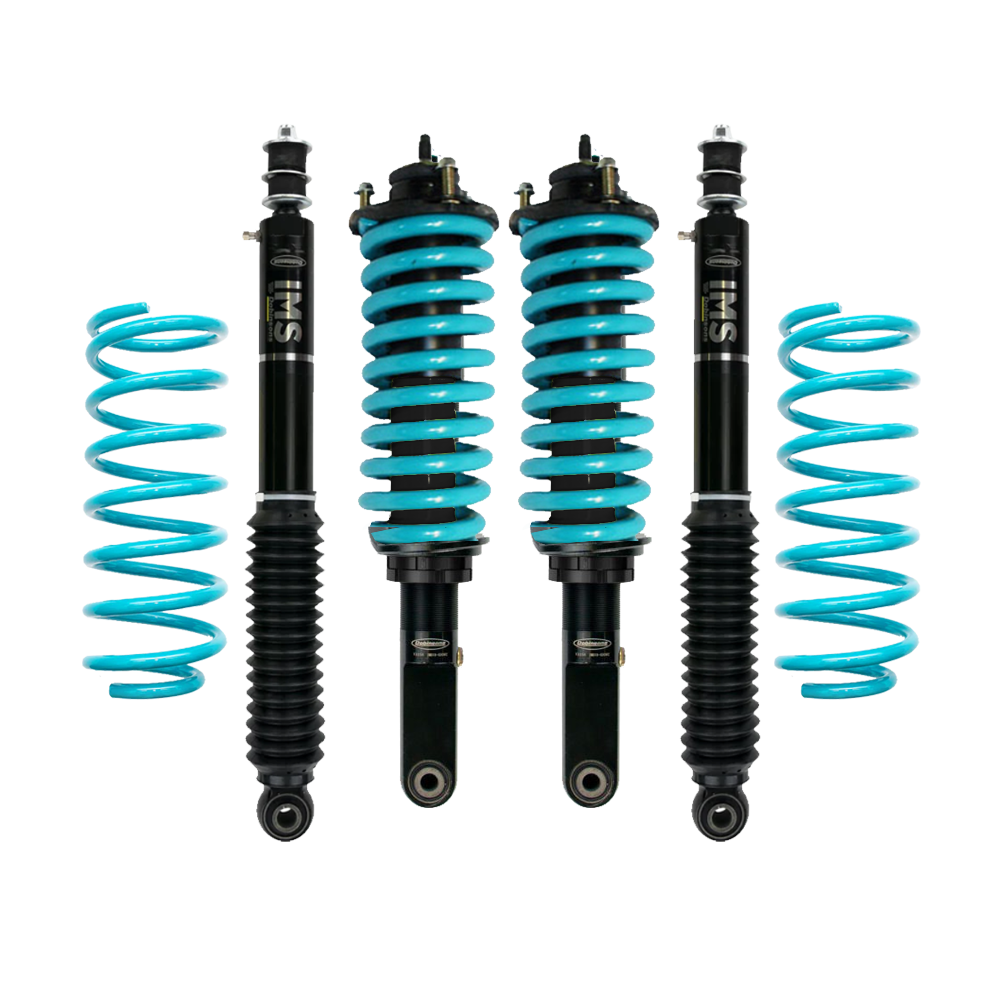 Dobinsons IMS 1.75-3.5 inch Lift Kit for FJ Cruiser (06-09) with black shocks and teal coil springs assembled front suspension components