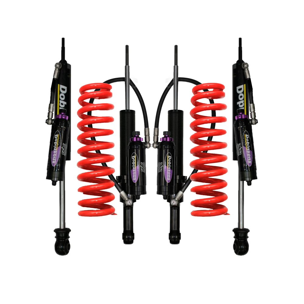 Dobinsons MRR 3-Way Adjustable 2-3 inch Lift Kit for FJ Cruiser (10-16) with heavy-duty remote reservoir shocks and red coil springs