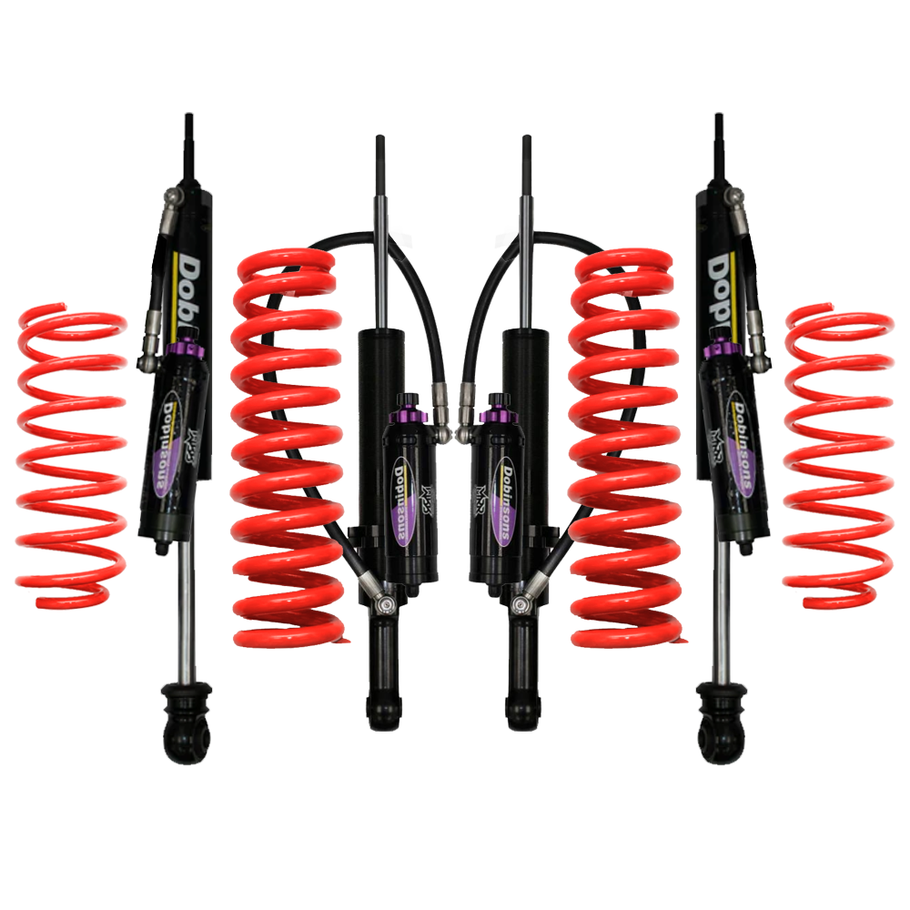 Dobinsons MRR 3-Way Adjustable 2-3 inch Lift Kit for FJ Cruiser (10-16) - Black/Red with heavy-duty adjustable coil springs and remote reservoir shocks