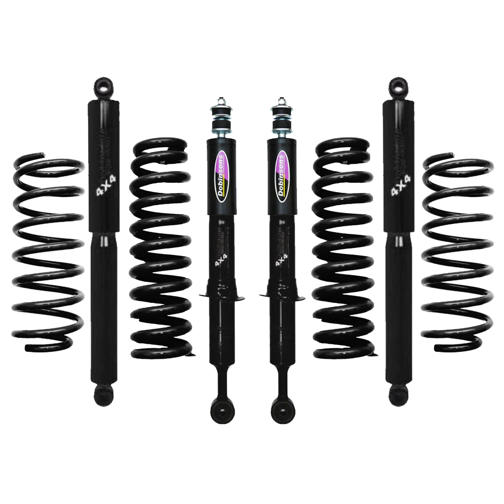Dobinsons Twin Tube 1.75-3.5 inch Lift Kit for FJ Cruiser (06-09) with heavy-duty black shocks and coil springs suspension components