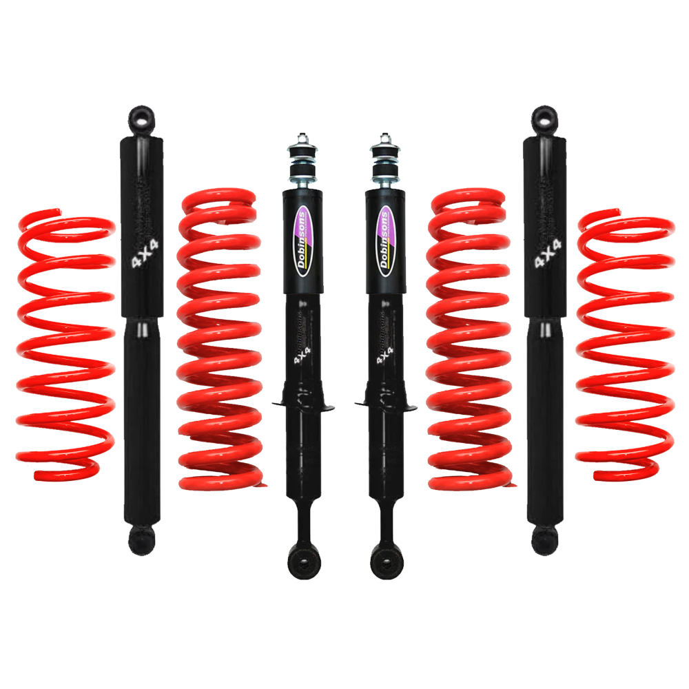 Dobinsons Twin Tube 2-3 inch Lift Kit for FJ Cruiser (10-16) with heavy-duty black shocks and red coil springs