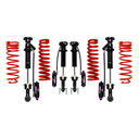 Off-road suspension lift kit with red coil springs and black shock absorbers laid out on a white background