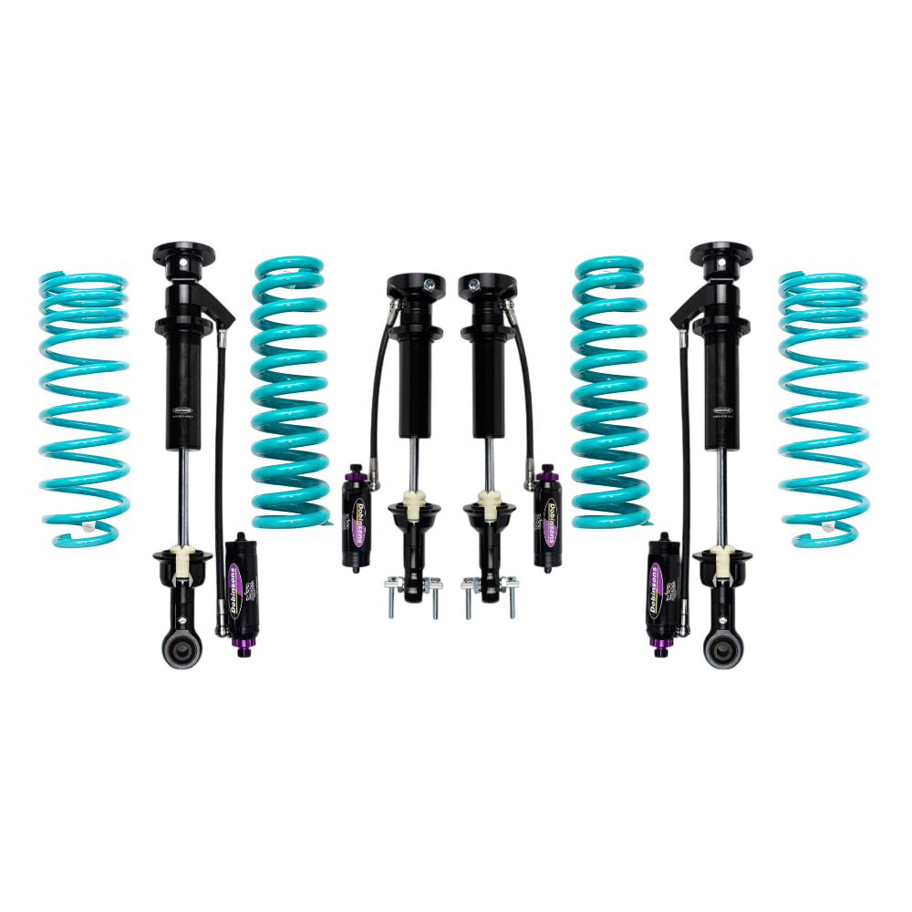 Off-road suspension set with turquoise coil springs and black shock absorbers
