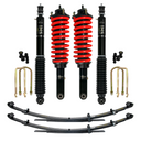Dobinsons IMS 2.5 inch Lift Kit for F-150 4WD Crew Cab Short Bed 2021 with black shocks, red coil springs, leaf springs, and hardware