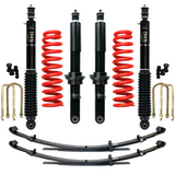 Dobinsons IMS 2.5 inch Lift Kit for F-150 4WD Crew Cab Short Bed 2021 with red coil springs and black heavy-duty shocks and leaf springs