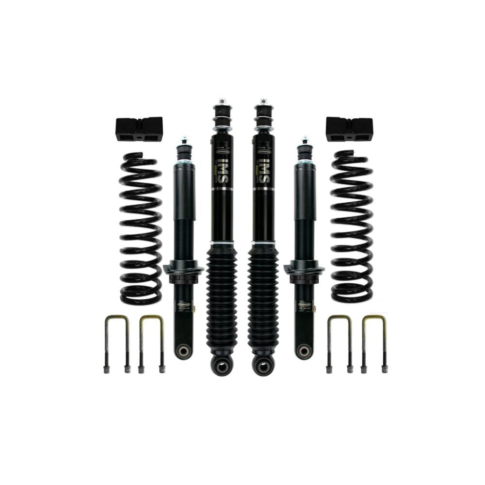 Dobinsons IMS 2 inch Lift Kit for Frontier D40 (05-21) with black heavy-duty shocks, coil springs, and mounting hardware