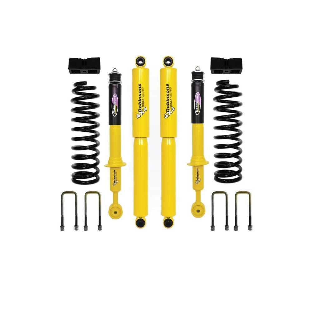 Dobinsons Twin Tube 2 inch Lift Kit for Frontier D40 (05-21) with yellow heavy-duty shocks, coil springs, and mounting hardware