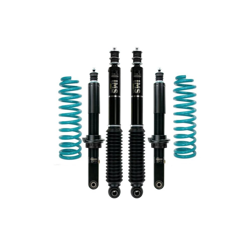 Dobinsons IMS 2 inch Lift Kit for Frontier D40 (05-21) with heavy-duty coil springs and adjustable shocks in black and teal