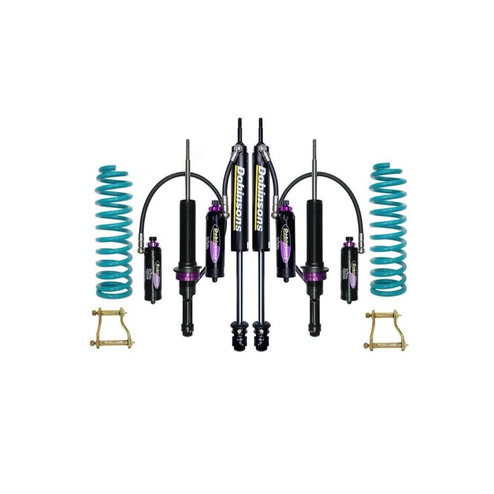 Dobinsons MRR 3-Way Adjustable 2-3 inch Lift Kit for Frontier D41 (22-ON) with coil springs, adjustable shocks, and hardware in black/teal
