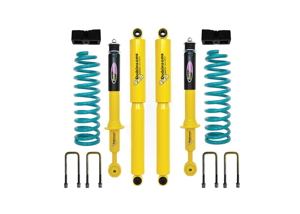 Dobinsons Twin Tube 2 inch Lift Kit for Frontier D40 (05-21) with yellow shocks, teal coil springs, and hardware